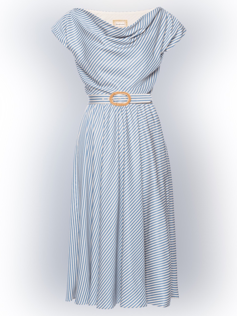 NWOT Lena Hoschek Signora Striped Blue & White Midi Dress - Size S, w/o Belt